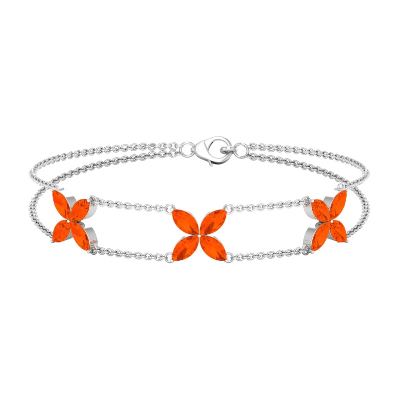 3.5 CT Marquise Fire Opal Flower Gold Double Chain Bracelet