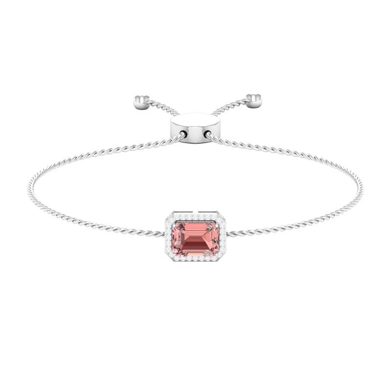 6X8 MM Emerald Cut Morganite Bolo Chain Bracelet with Diamond Accent