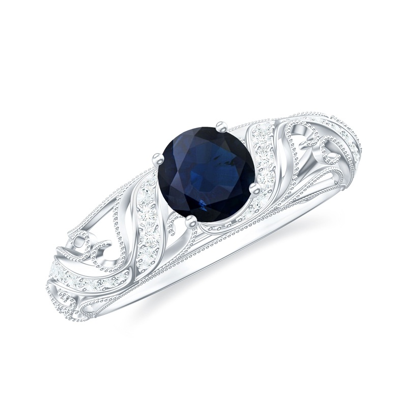 1.25 CT Vintage Style Blue Sapphire Engagement Ring with Diamond