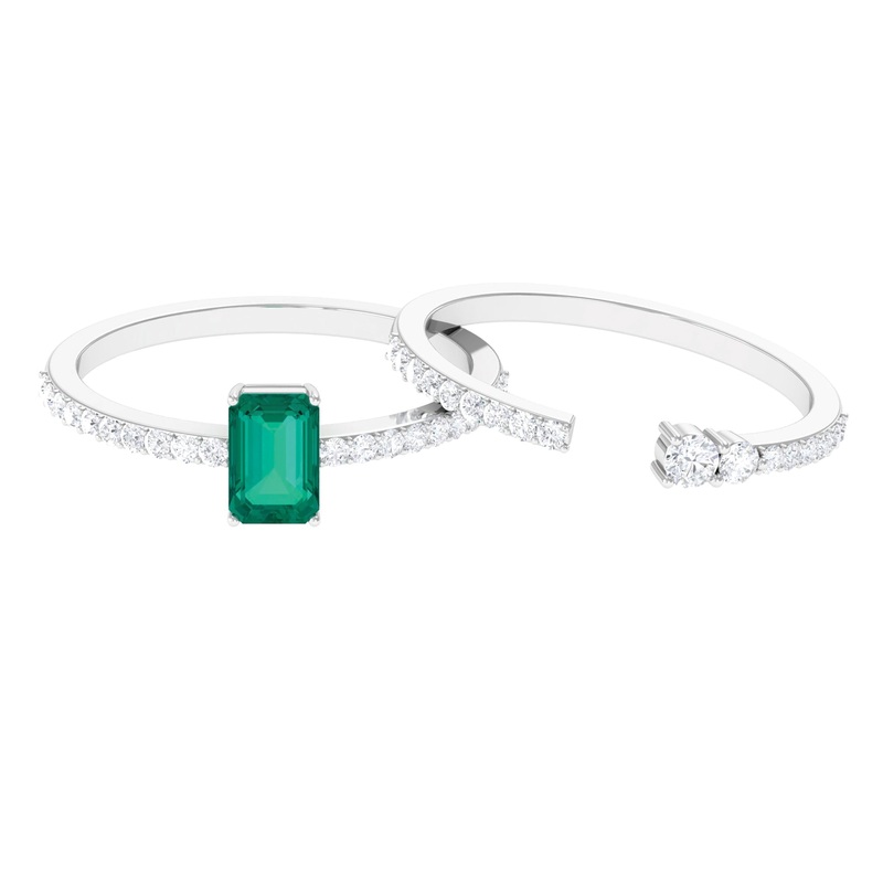 1.5 CT Certified Green Emerald Solitaire Ring Set with Diamond Band