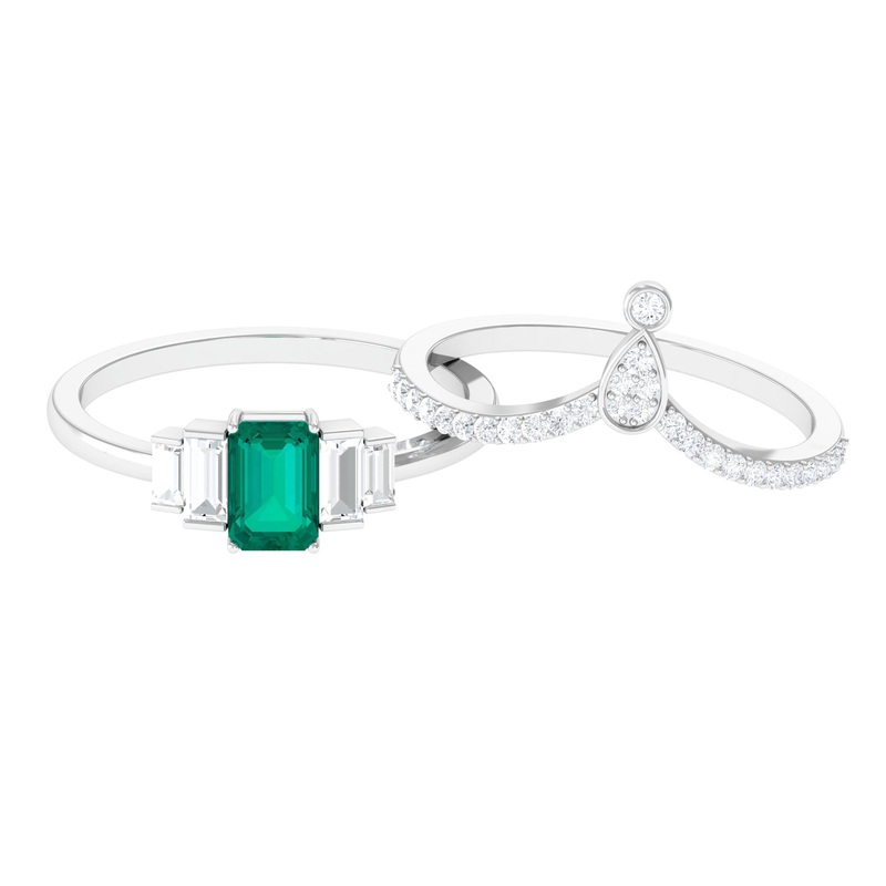 1.5 CT Emerald Ring Set of 2 with Moissanite Band