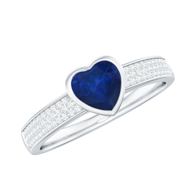 1 CT Blue Sapphire Heart Solitaire Engagement Ring with Pave Diamond