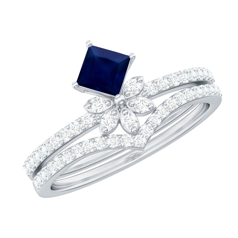 Princess Cut Solitaire Blue Sapphire and Diamond Designer Ring Set