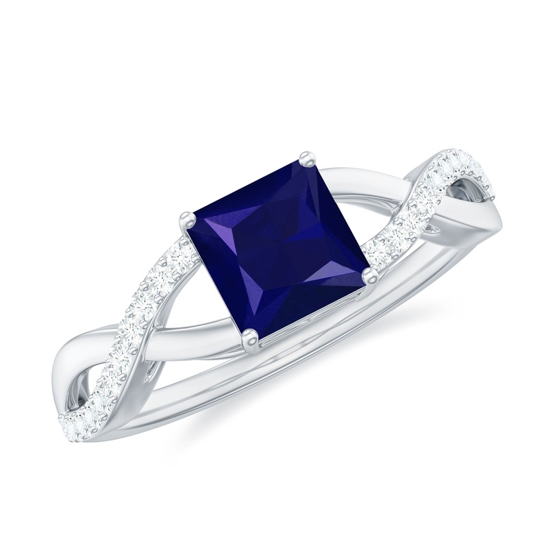 Princess Cut Solitaire Lab-Created Blue Sapphire and Diamond Ring
