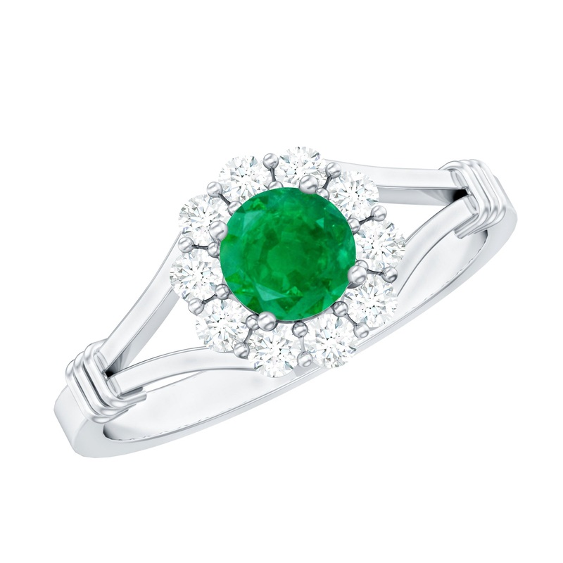 Split Shank Emerald Flower Engagement Ring with Diamond