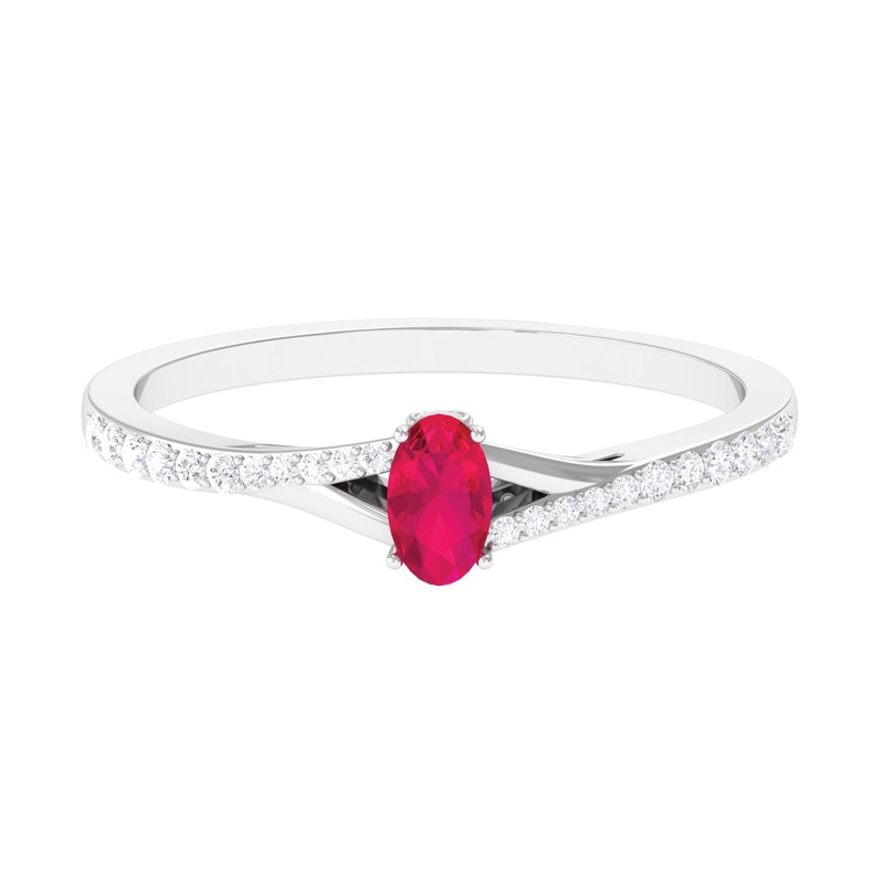 Split Shank Oval Ruby Engagement Ring with Diamond