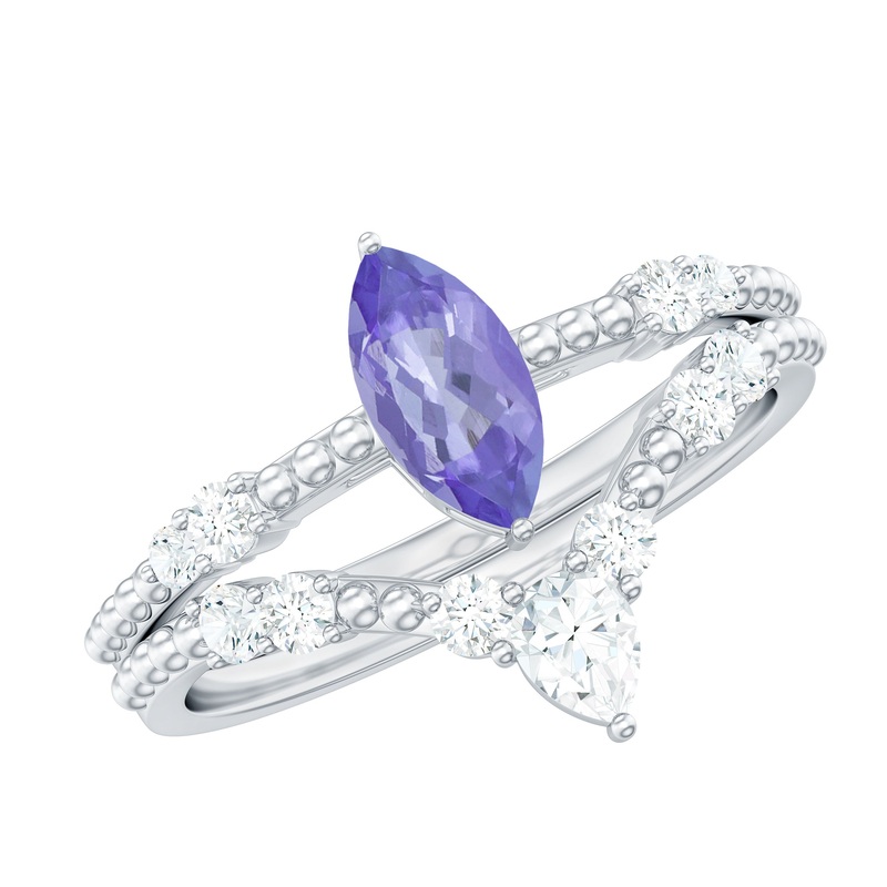 1.25 CT Marquise Solitaire Tanzanite and Diamond Ring Set