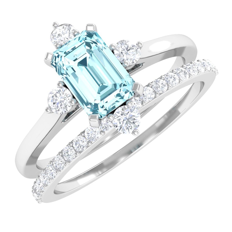 1.25 Ct Octagon Solitaire Aquamarine and Diamond Ring Set