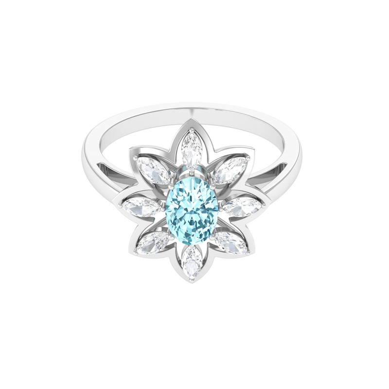 1.25 Ct Oval Aquamarine Flower Cocktail Ring with Moissanite