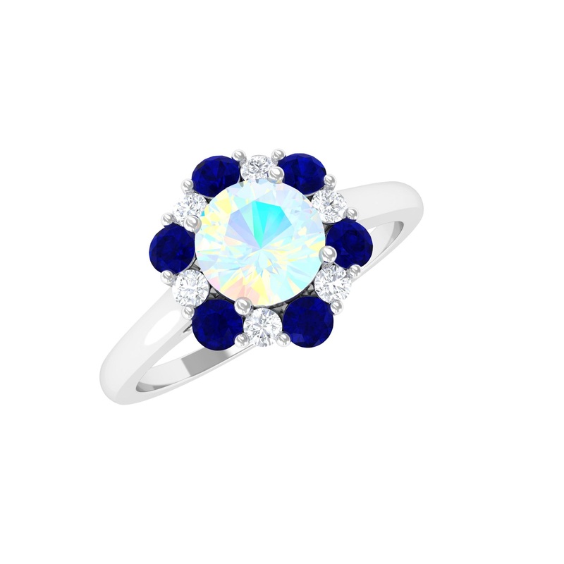 1.5 CT Ethiopian Opal Engagement Ring with Blue Sapphire and Moissanite