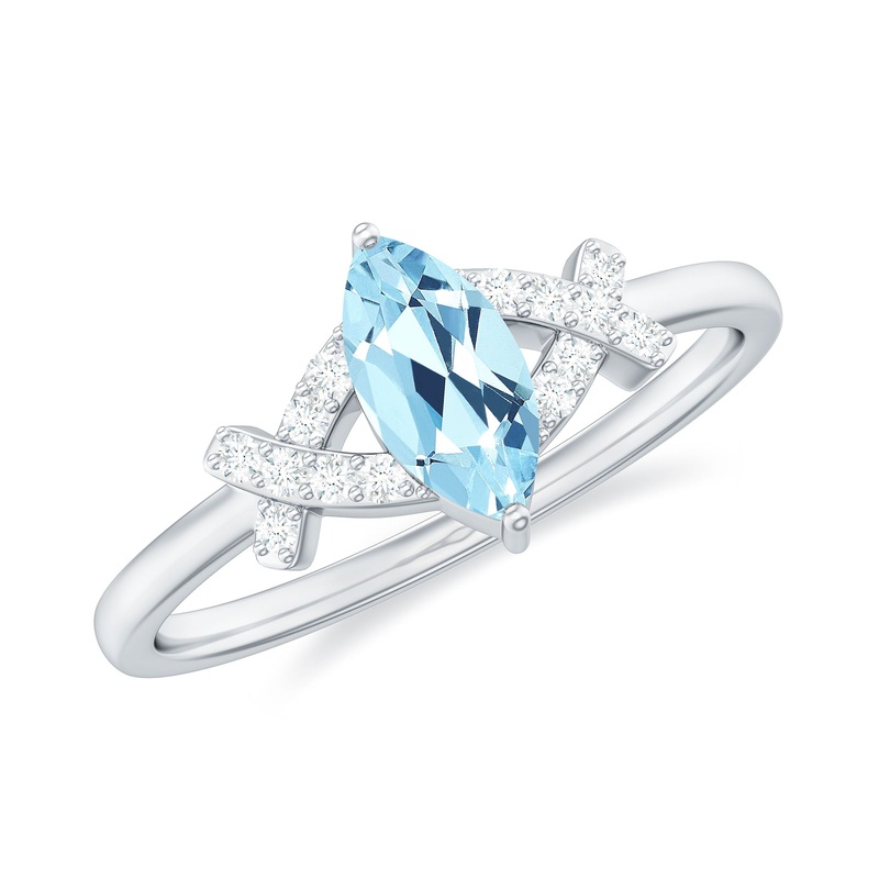 1 Carat Aquamarine Marquise Solitaire Ring with Diamond