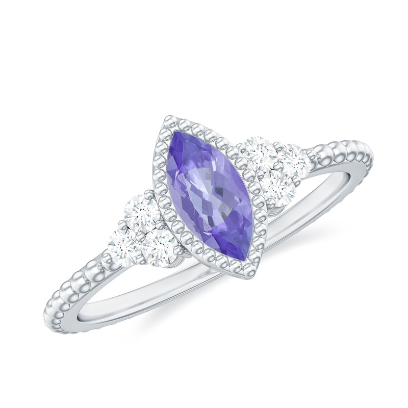 1 CT Marquise Tanzanite Solitaire Promise Ring with Diamond Trio