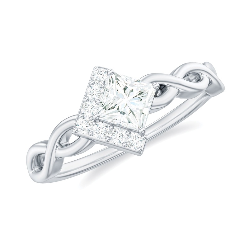 Princess Moissanite Half Halo Promise Ring in Crossover Shank