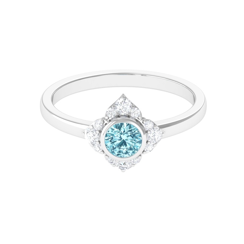 0.50 CT Bezel Set Aquamarine Flower Engagement Ring with Diamond
