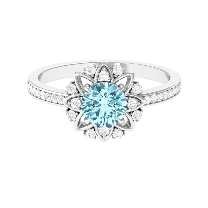 1.25 CT Aquamarine Floral Engagement Ring with Diamond Side Stones
