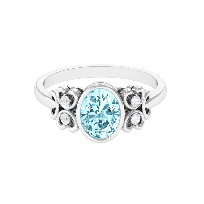 1.25 CT Oval Aquamarine Statement Engagement Ring with Diamond