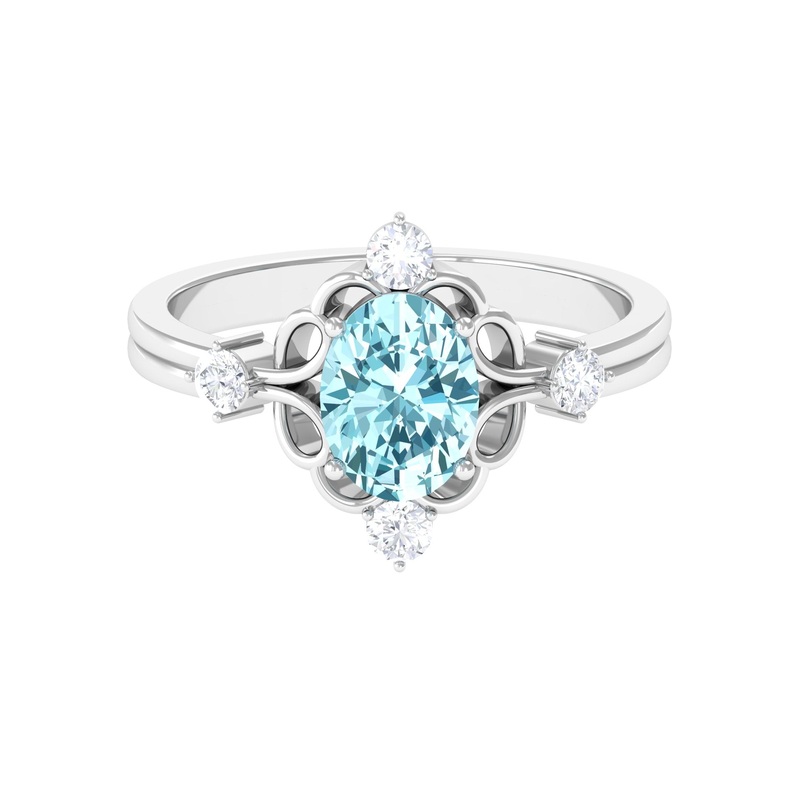 1.25 CT Oval Shape Aquamarine and Diamond Cocktail Ring