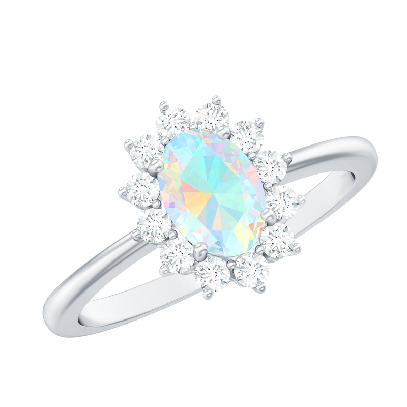 1.25 CT Princess Diana Inspired Oval Shape Ethiopian Opal Engagement Ring Diamond Halo