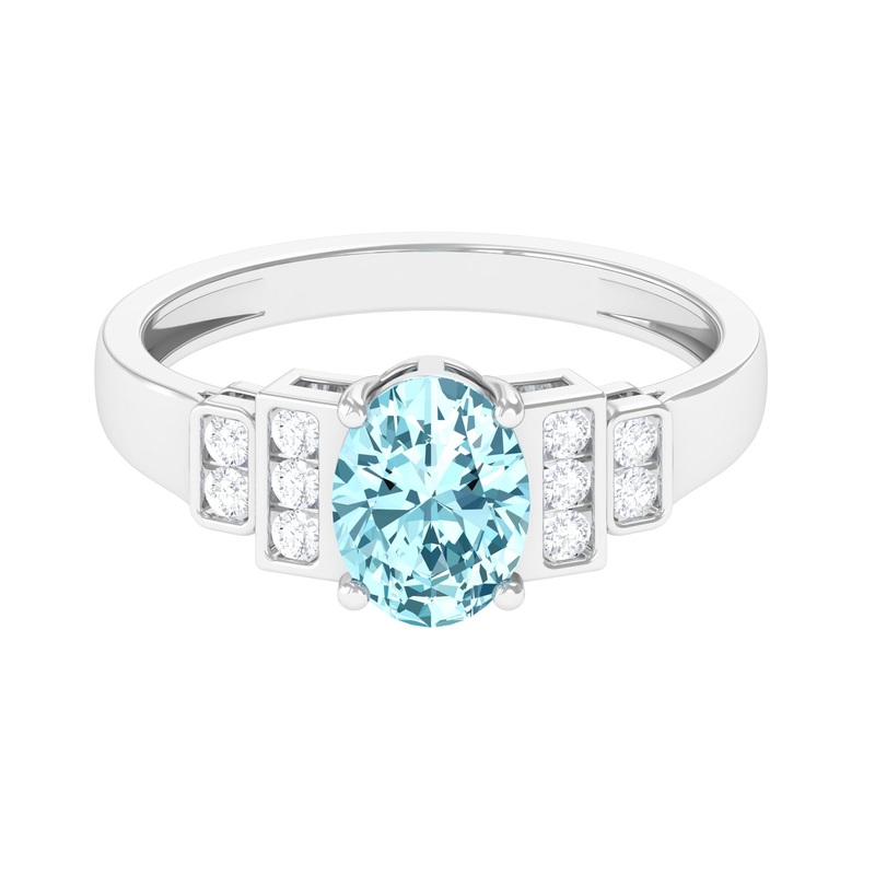 1.50 CT Aquamarine Solitaire Ring with Diamond Collar