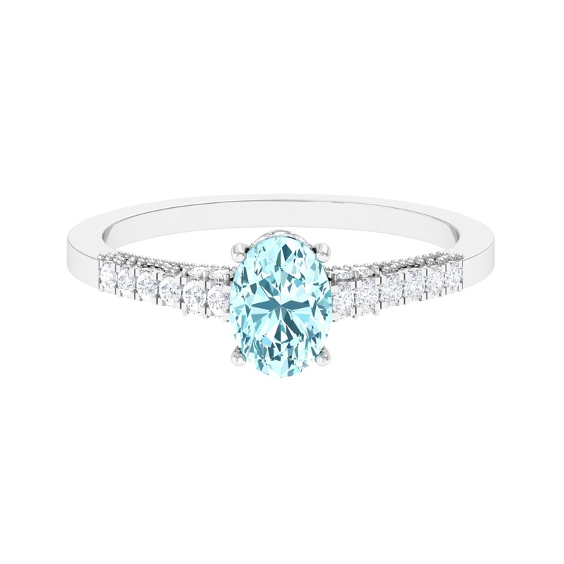 1 CT Oval Aquamarine Solitaire Engagement Ring with Diamond Side Stones
