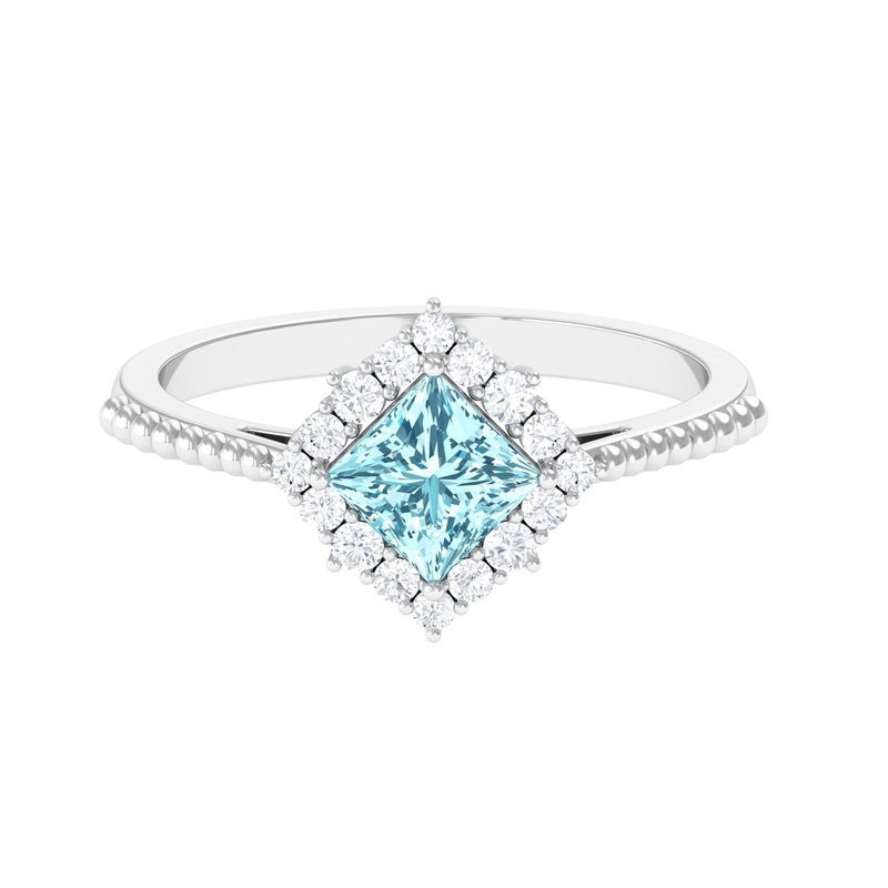 1 CT Princess Cut Aquamarine Engagement Ring with Diamond Halo
