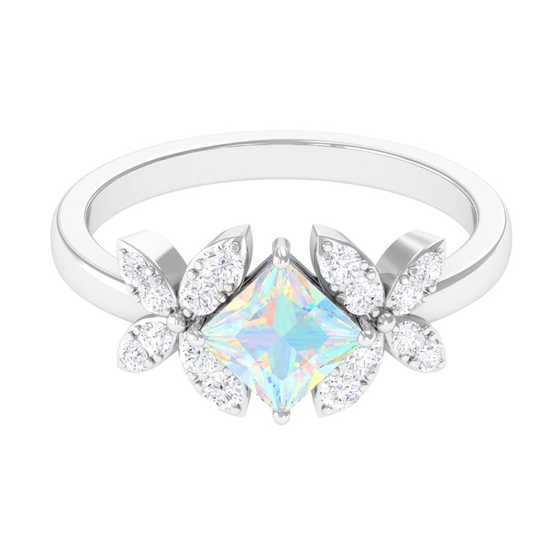 Princess Cut Ethiopian Opal Flower Engagement Ring with Diamond