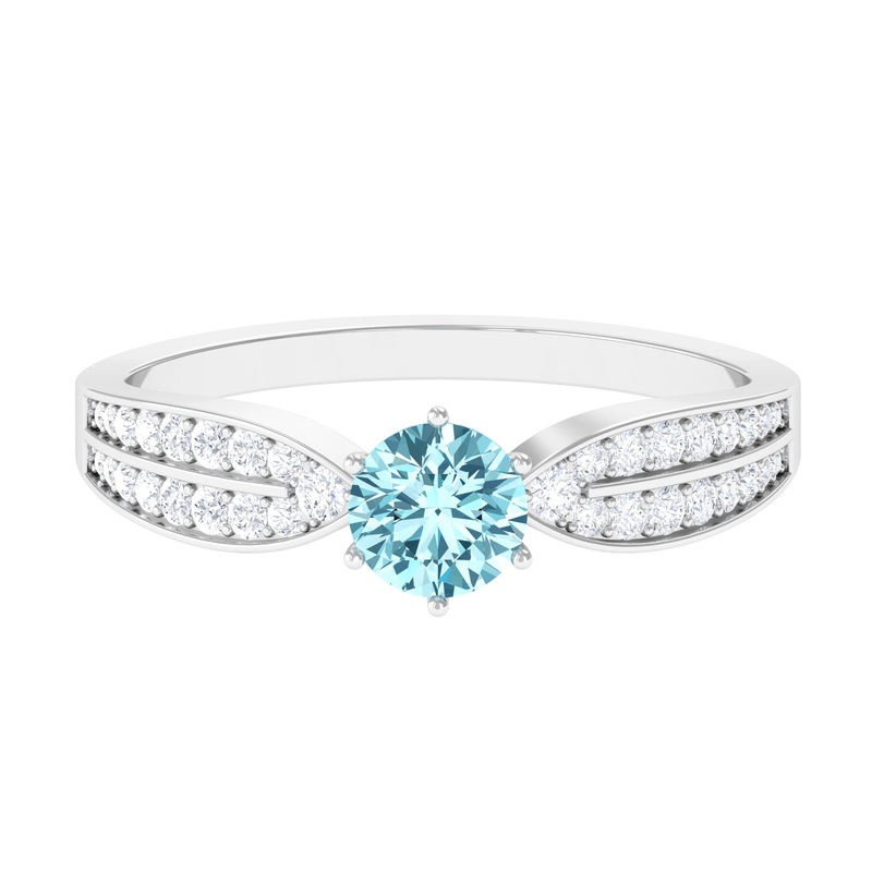 Real Aquamarine Elegant Engagement Ring with Diamond Side Stones