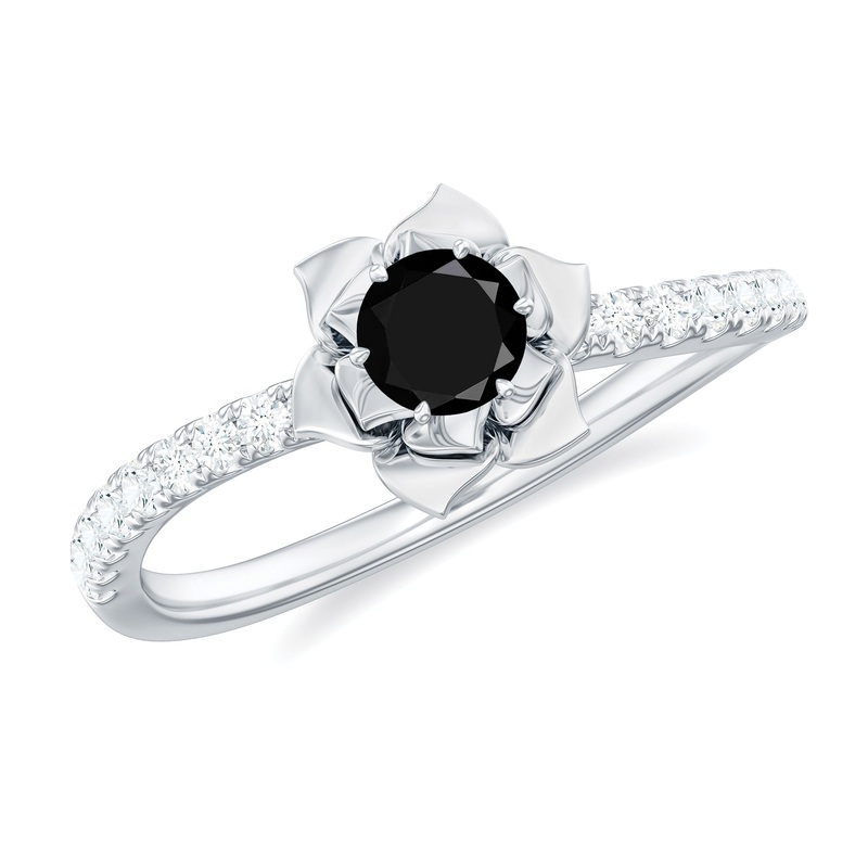 Real Black Diamond and Diamond Flower Engagement Ring