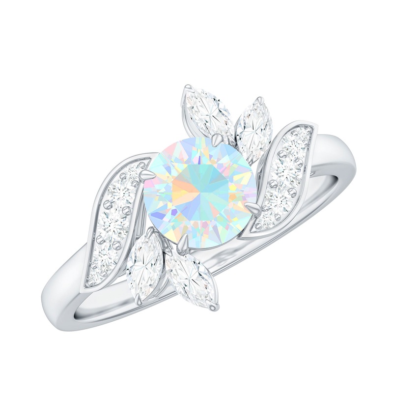 Round Cut Rainbow Opal and Diamond Flower Engagement Ring