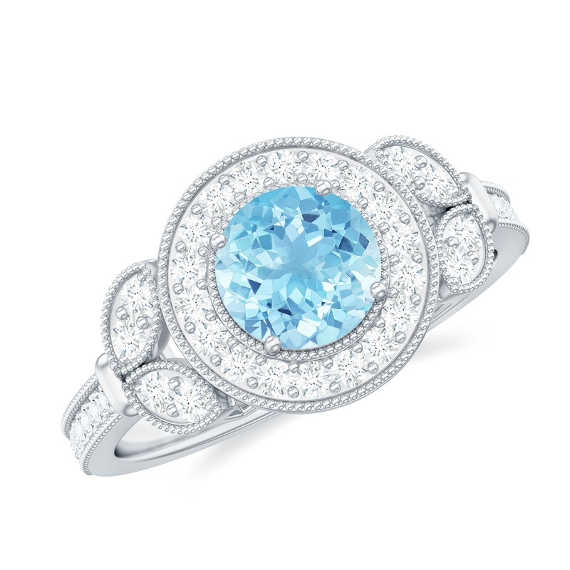 Vintage Inspired Aquamarine Engagement Ring with Diamond