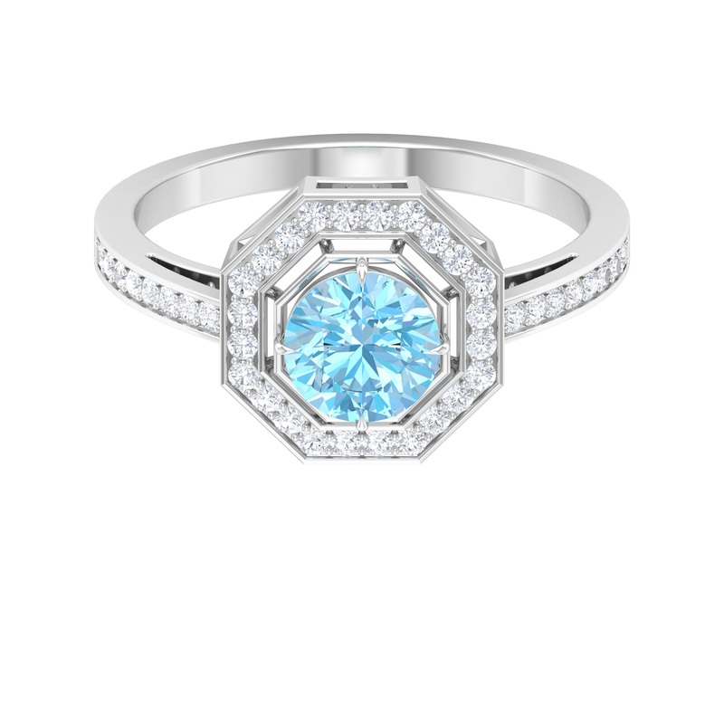 Vintage Inspired Ring with Aquamarine and Diamond Halo