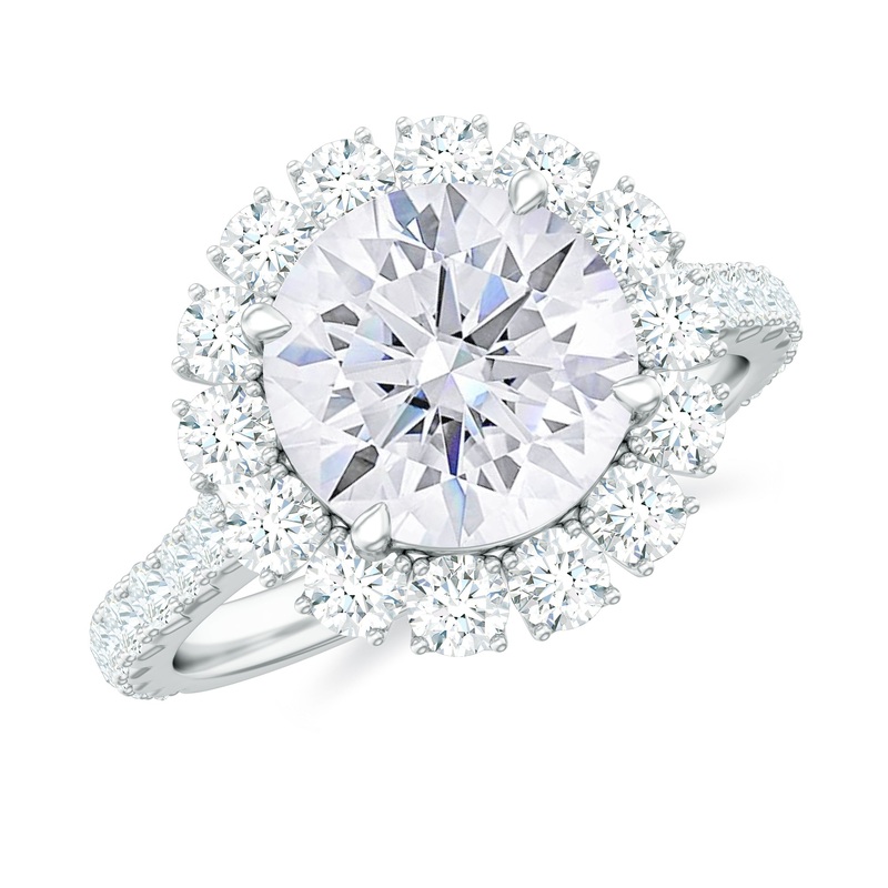 Zircon Round Engagement Ring with Floating Halo and Side Stones