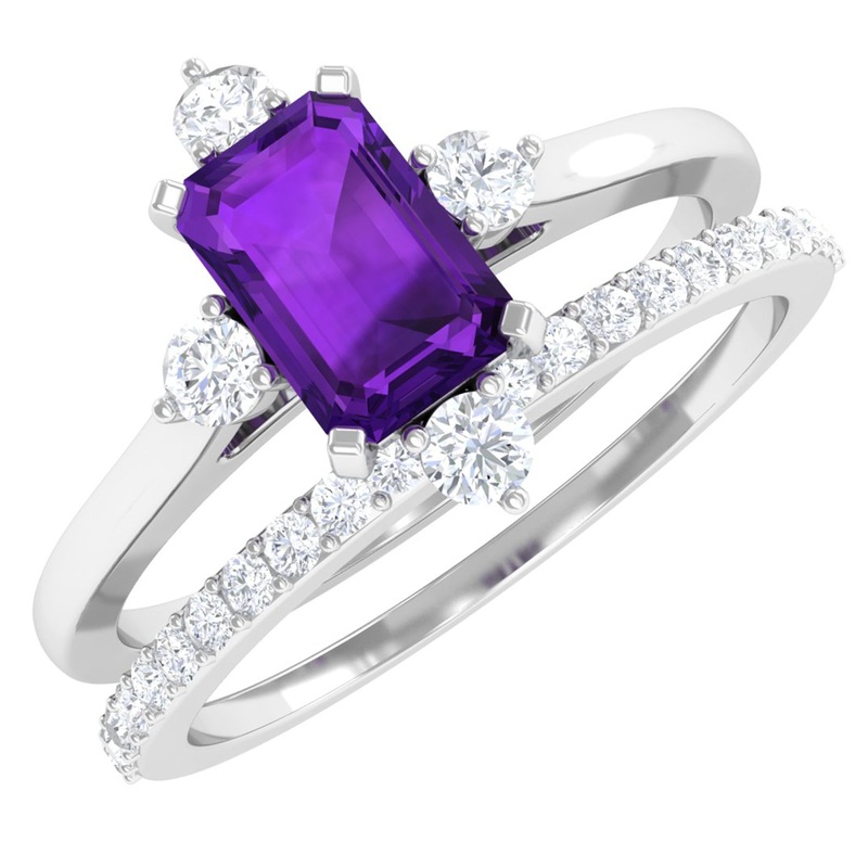 1.25 Ct Octagon Solitaire Amethyst and Diamond Ring Set