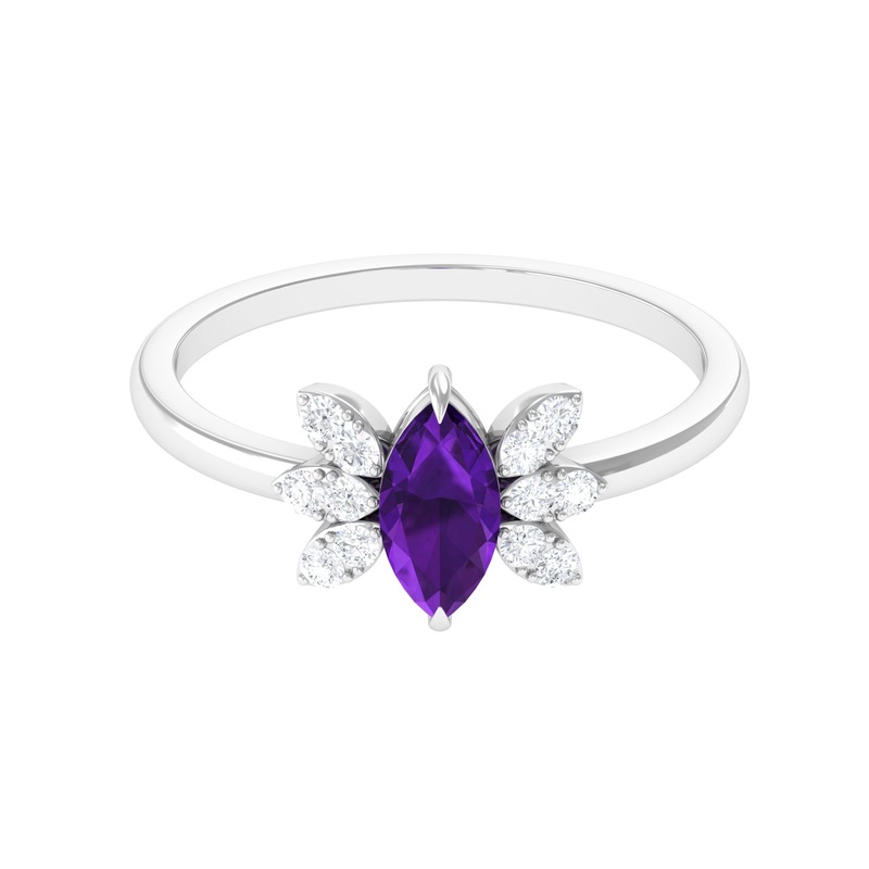 1 Ct Marquise Amethyst and Diamond Engagement Ring