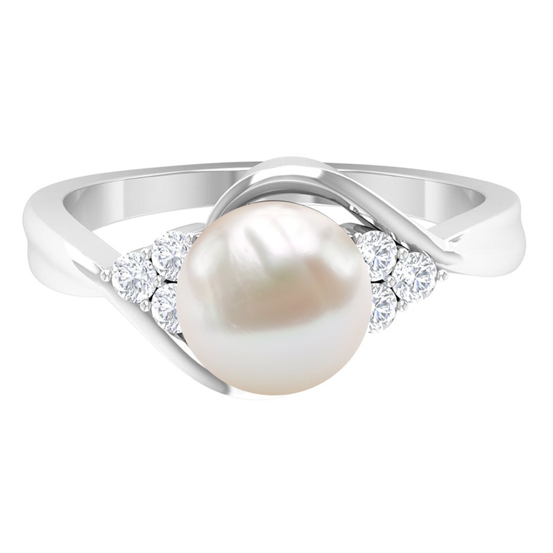 Pure Freshwater Pearl Bypass Engagement Ring with Diamond Trio