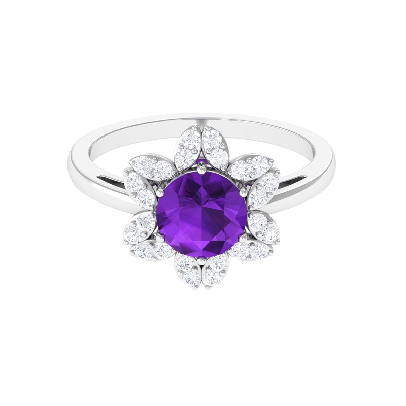 Round Amethyst Flower Engagement Ring with Diamond