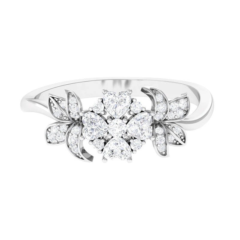 Round and Heart Shape Diamond Flower Engagement Ring in Gold