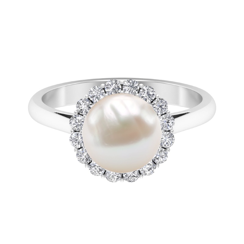 Simple Freshwater Pearl Ring with Diamond Halo