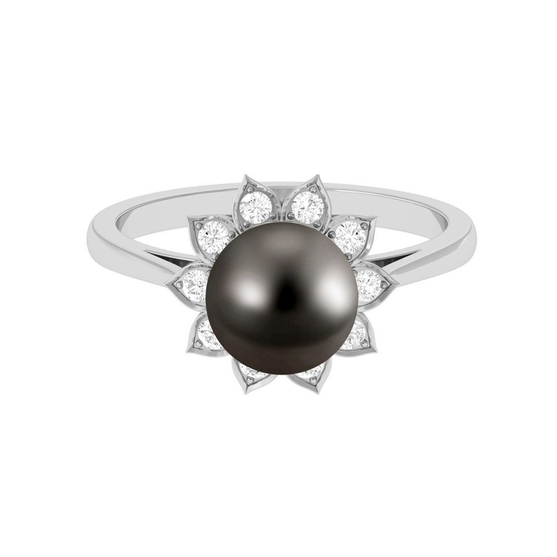 Tahitian Black Pearl Engagement Ring with Diamond Floral Halo