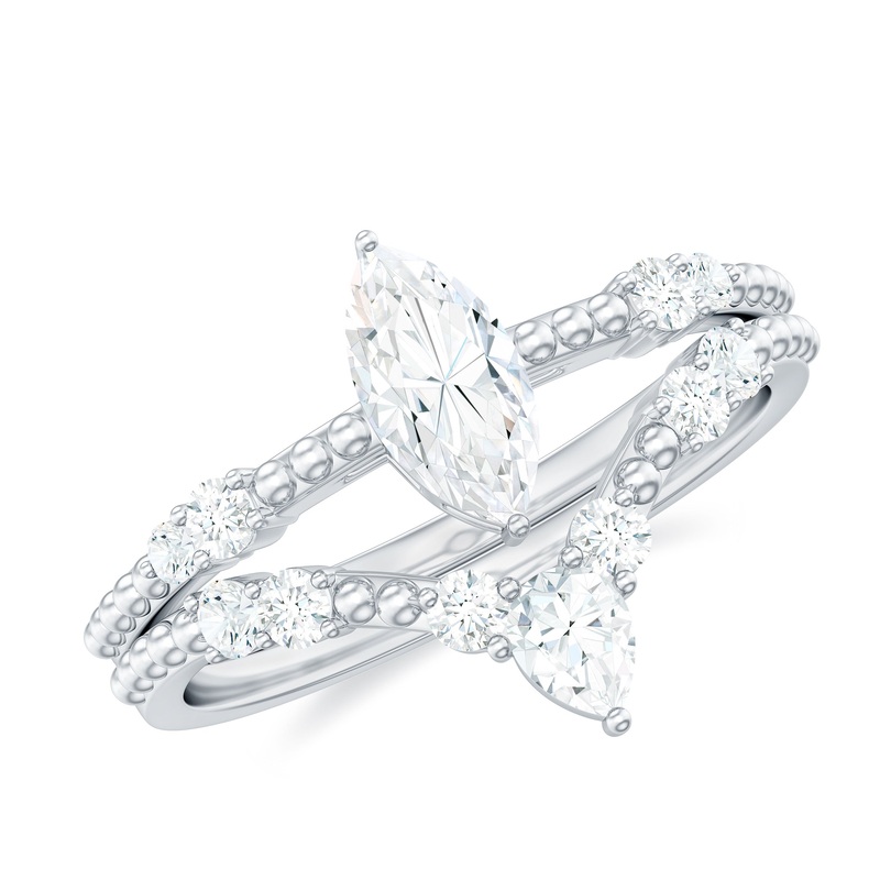1.50 CT Marquise Cut Moissanite Wedding Ring Set with Beaded Gold