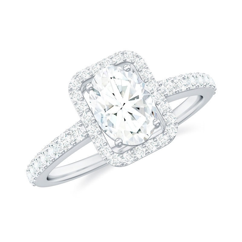 1.50 CT Oval Cut Moissanite Halo Engagement Ring with Side Stones