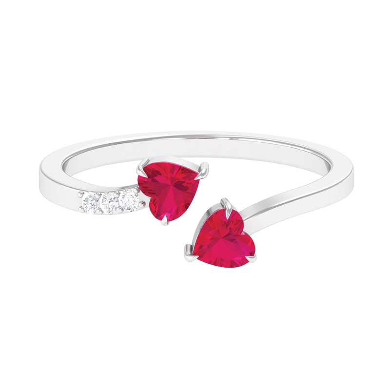 Twin Heart Ruby Engagement Ring in Wrap Style with Diamond