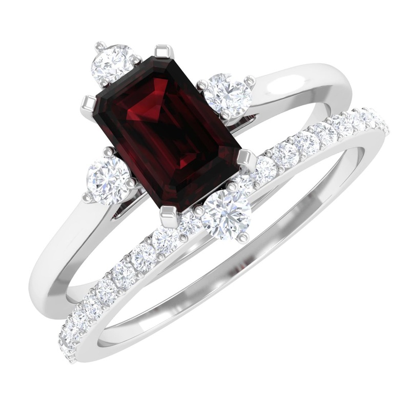 1.25 Ct Octagon Solitaire Garnet and Diamond Ring Set