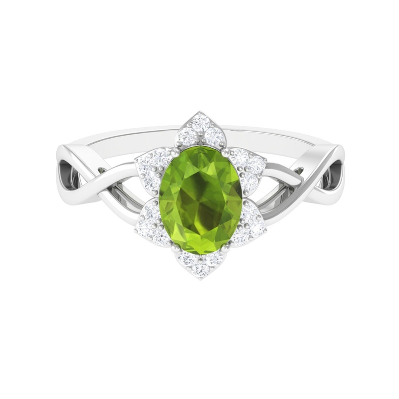 1.25 CT Oval Cut Peridot Solitaire Ring with Diamond Accent