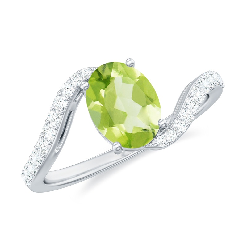 1.50 CT Oval Cut Peridot Solitaire Ring with Diamond Accent