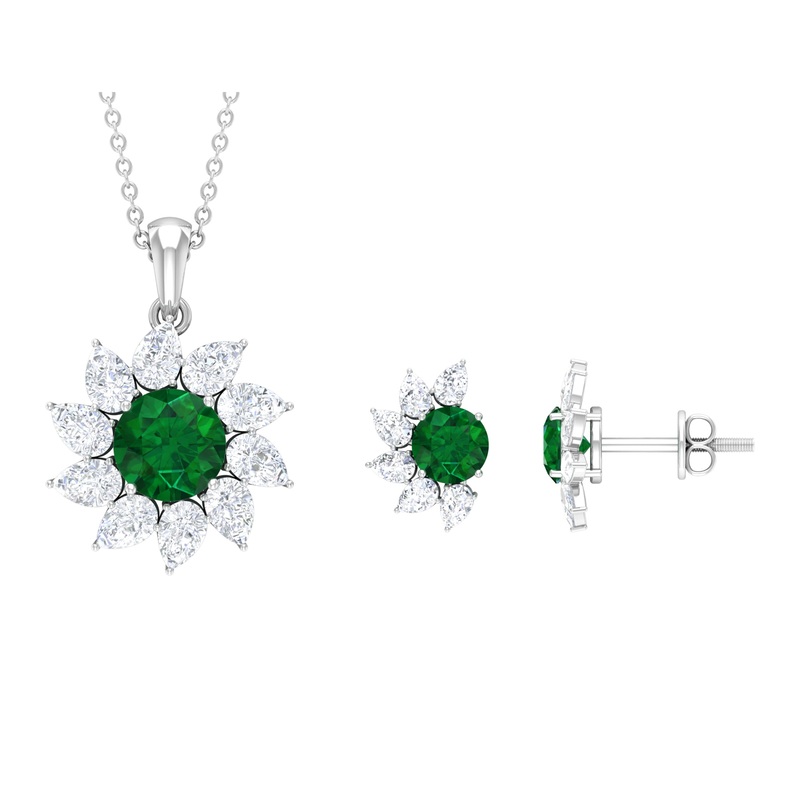 Emerald and Diamond Floral Pendant Earring Set