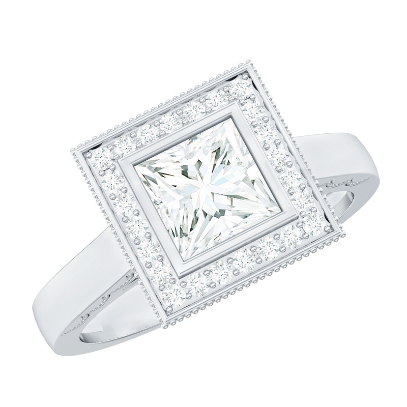 Princess Cut Moissanite Milgrain Engagement Ring