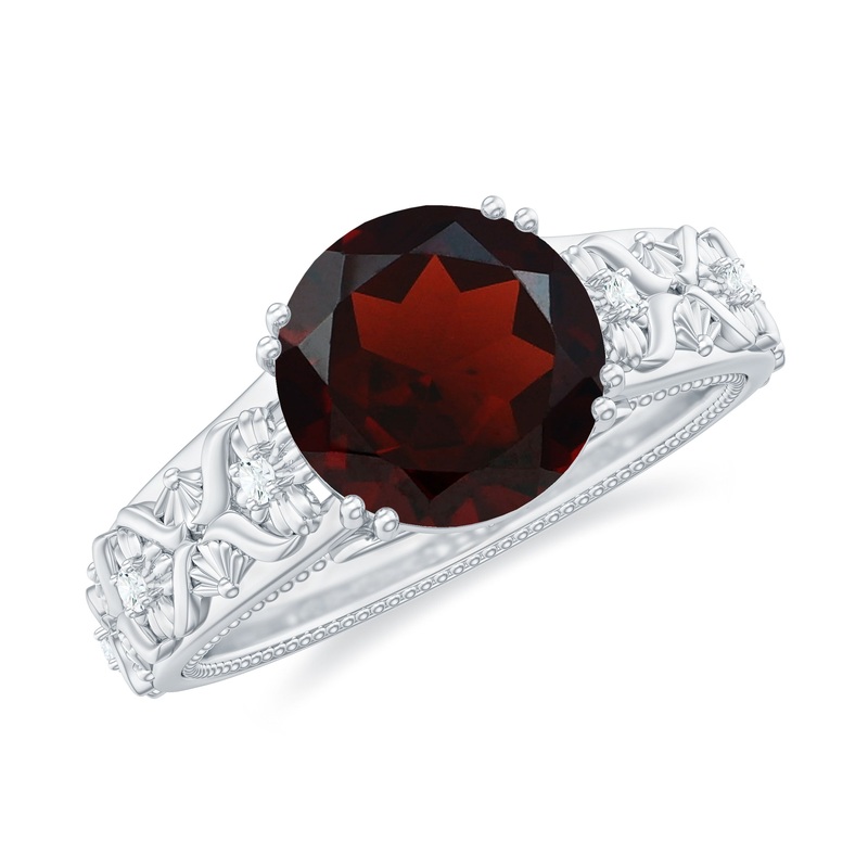 Solitaire Garnet Flower Engagement Ring with Diamond