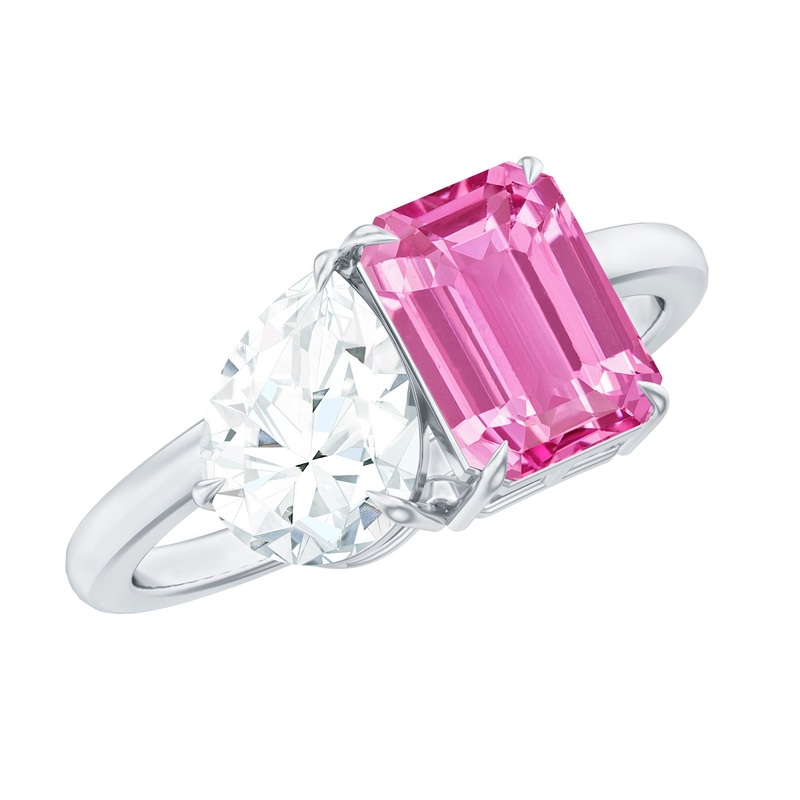 Toi Et Moi Ring with Created Pink Sapphire and Moissanite
