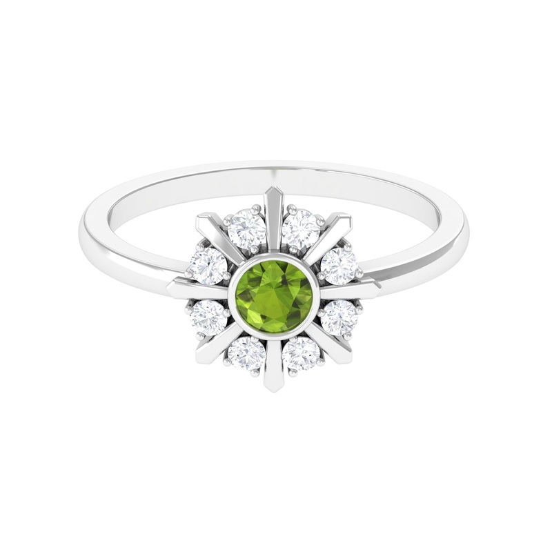 0.50 CT Natural Peridot Statement Ring with Diamond Stones